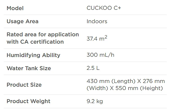 Cuckoo C+ Specs 2